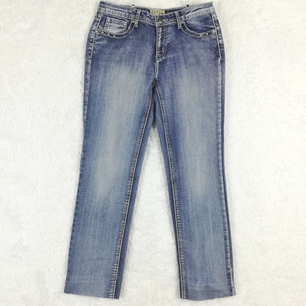 Earl Jean Womens Jeans Straight Crop Blue Denim Stone Wash Flap Pocket Jeweled 8